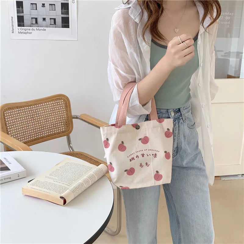 Small Canvas Peach Lunch Tote Bag for Women & Girls