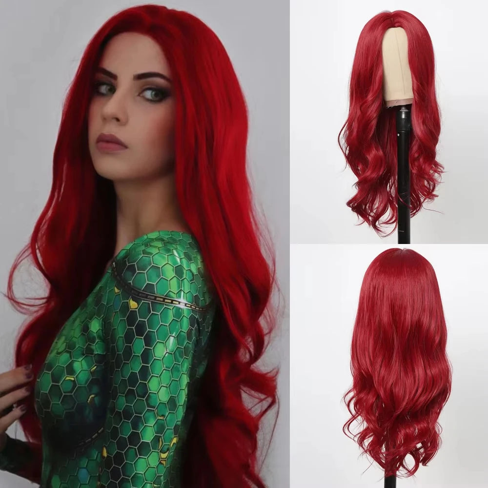 Women's Wine Red Long Curly Synthetic Wig with Bangs