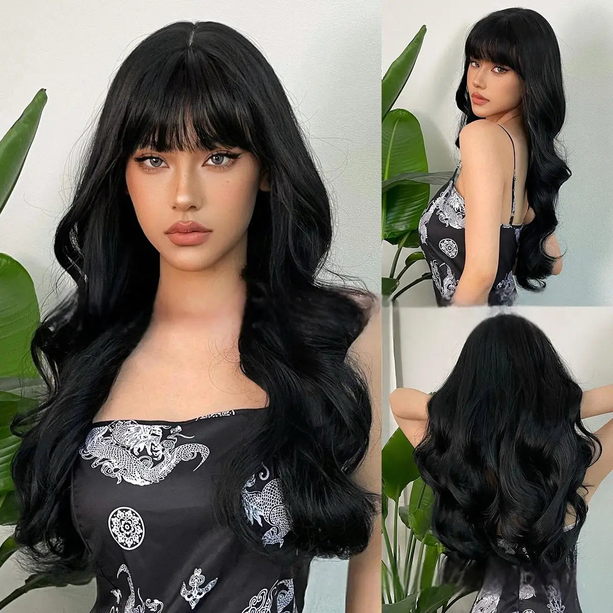 Wine Red Long Curly Wig with Bangs