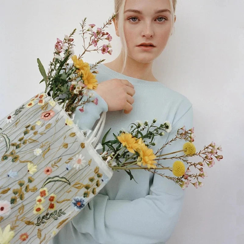 Embroidered Lace Flower Mesh Tote Bag for Women