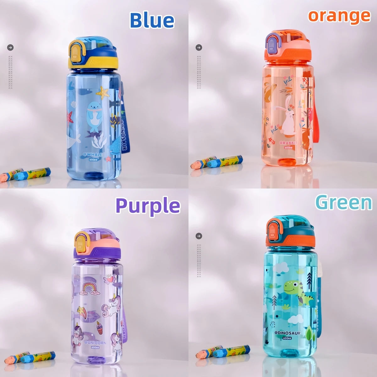 600ml Leak Proof Dinosaur Kids Water Bottle with Straw