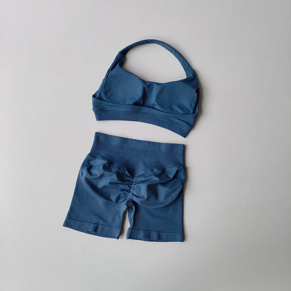 Women's 2 Piece Seamless Halter Sports Bra and Shorts Set