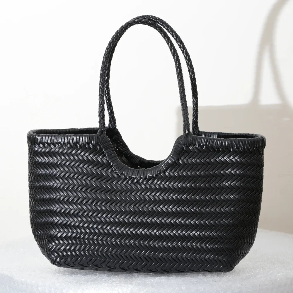 Genuine Leather Woven Shoulder Tote Bag for Women