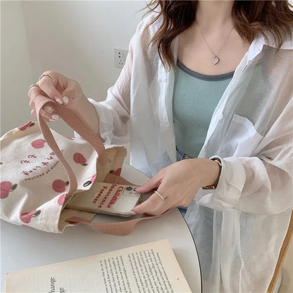 Small Canvas Peach Lunch Tote Bag for Women & Girls