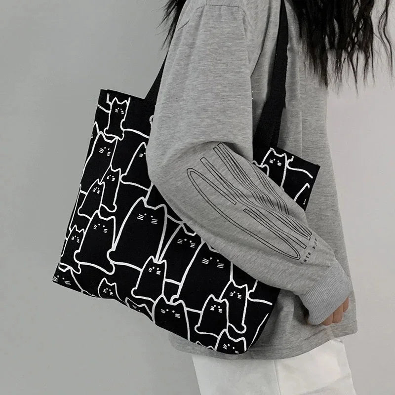 Cute Cat Graphic Canvas Tote Bag for Women & Girls