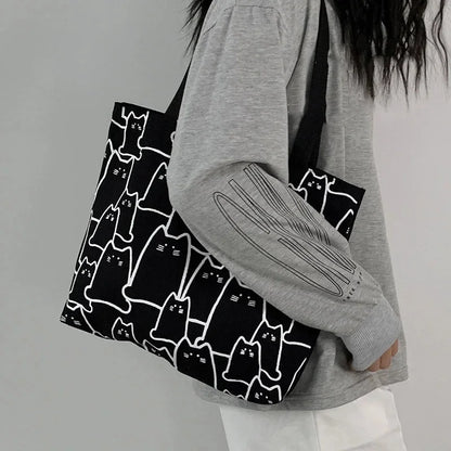 Cute Cat Graphic Canvas Tote Bag for Women & Girls