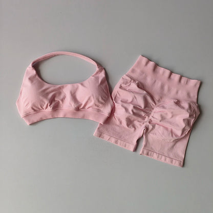 Women's 2 Piece Seamless Halter Sports Bra and Shorts Set