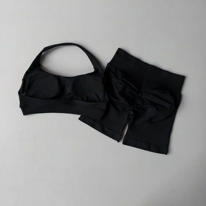 Women's 2 Piece Seamless Halter Sports Bra and Shorts Set