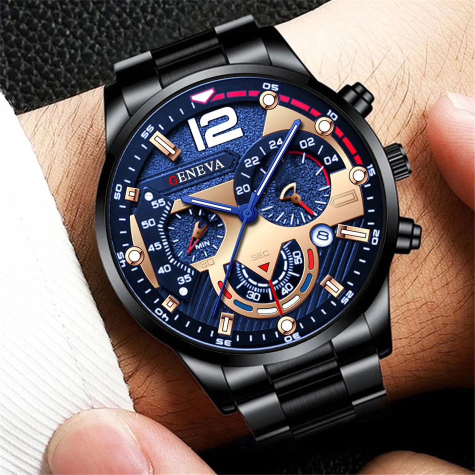 Men's Stainless Steel Quartz Watch with Calendar
