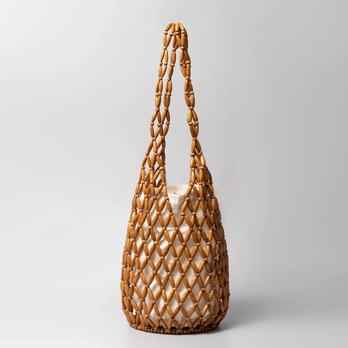 Women’s Woven Wooden Bead Bucket Tote Shoulder Bag Handmade Style