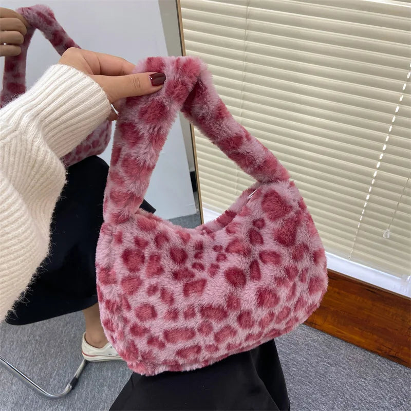 Leopard Print Plush Shoulder Tote Bag for Women Lipstick & Key Bag