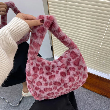 Leopard Print Plush Shoulder Tote Bag for Women Lipstick & Key Bag