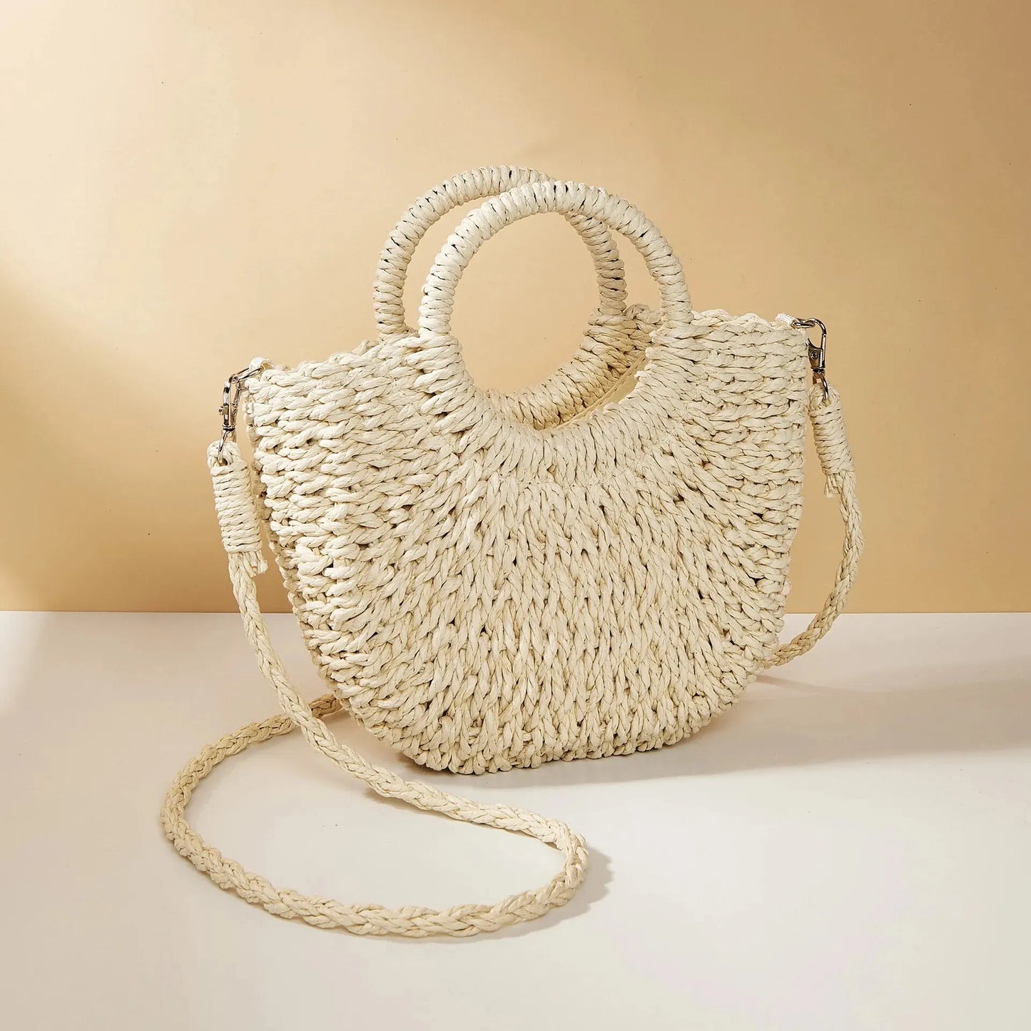 Women’s Woven Straw Rattan Half Moon Beach Tote Bag