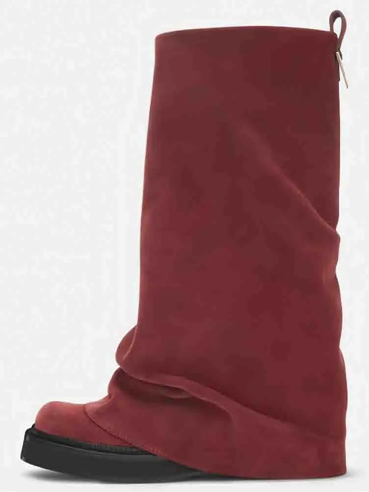 Women's Thick Sole Square Toe Pleated Knee High Boots