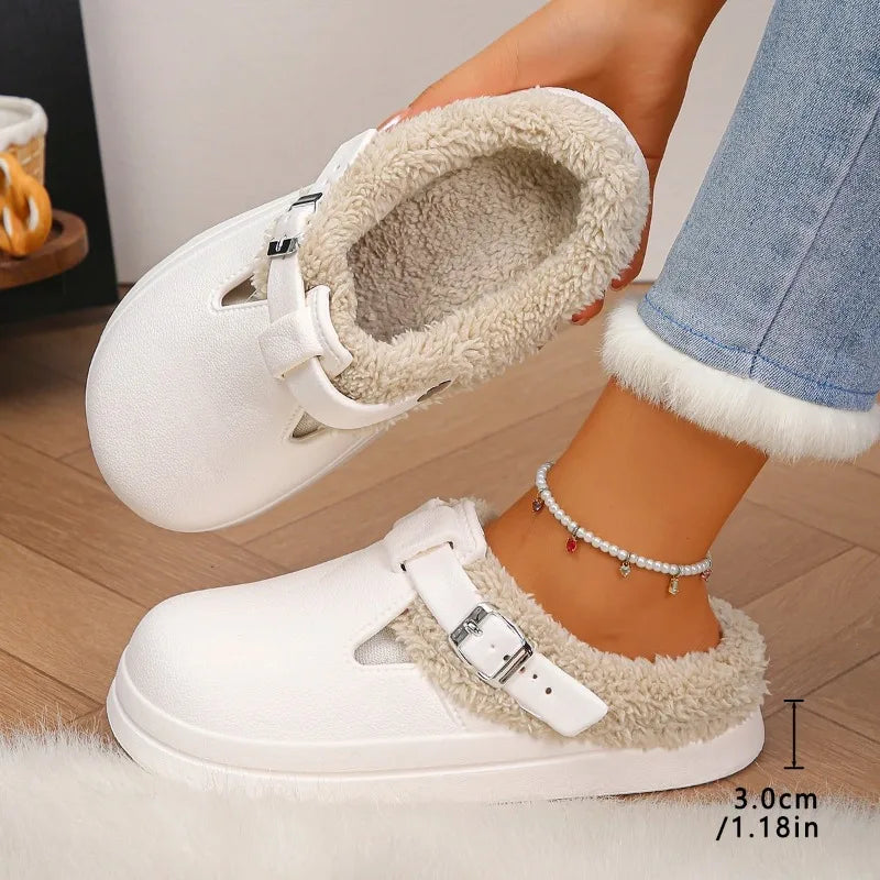 Women's Waterproof EVA Furry Mule Slippers with Buckle