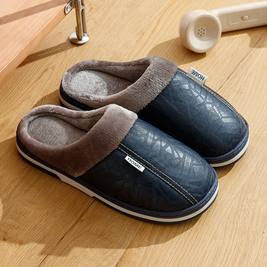 Men’s PU Leather Fur Lined Winter House Slippers Big Size