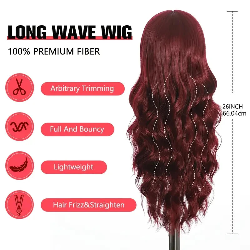 Women's Wine Red Long Curly Synthetic Wig with Bangs