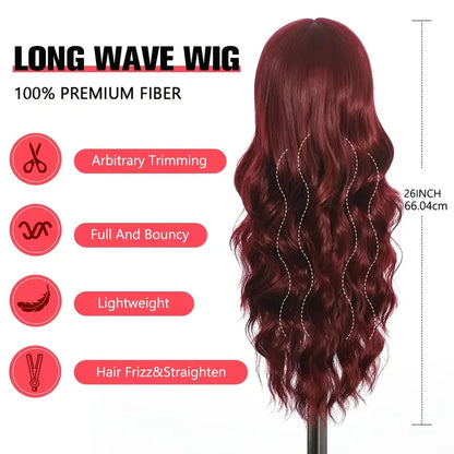 Women's Wine Red Long Curly Synthetic Wig with Bangs