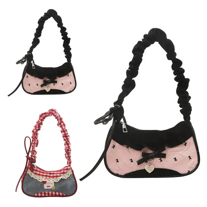 Women’s Grid Lace Ribbon Shoulder Bag Stretchable Strap Handbag