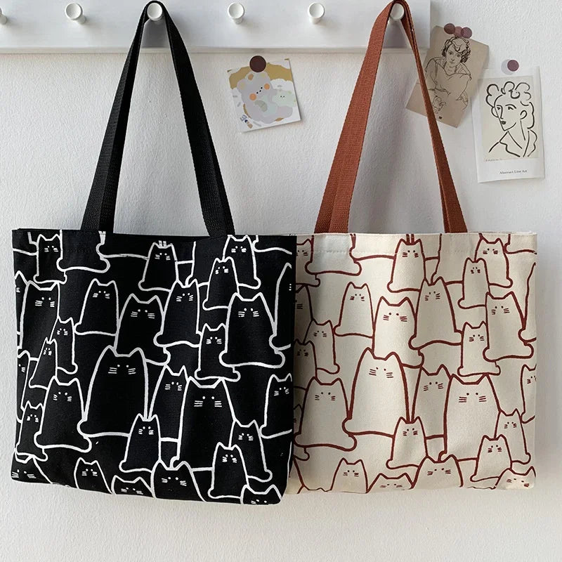 Cute Cat Graphic Canvas Tote Bag for Women & Girls
