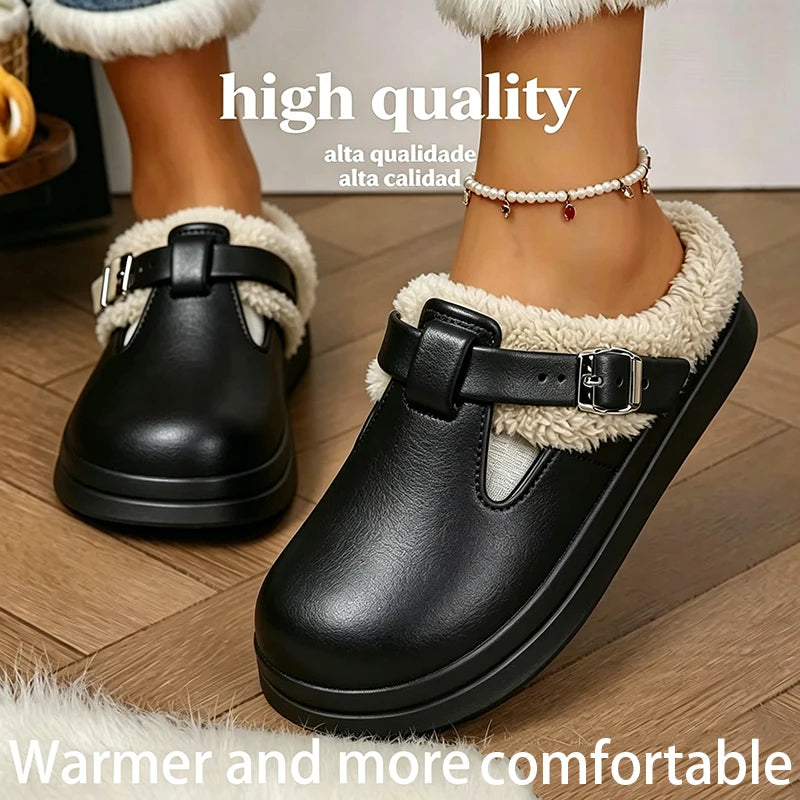 Women’s Waterproof Plush Mules with Metal Buckle Warm Winter Slippers