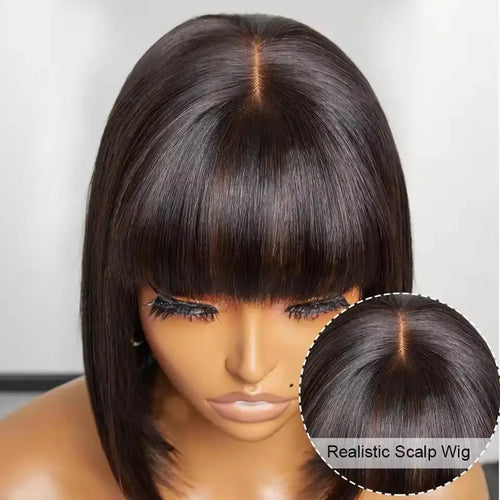 Women's 8 to 14 Inch Straight Bob Human Hair Wig with Bangs