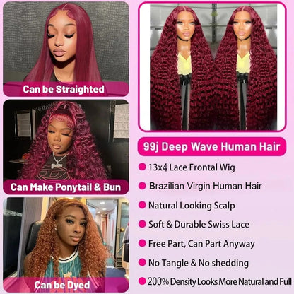 30 Inch Burgundy Deep Wave HD Lace Front Human Hair Wig