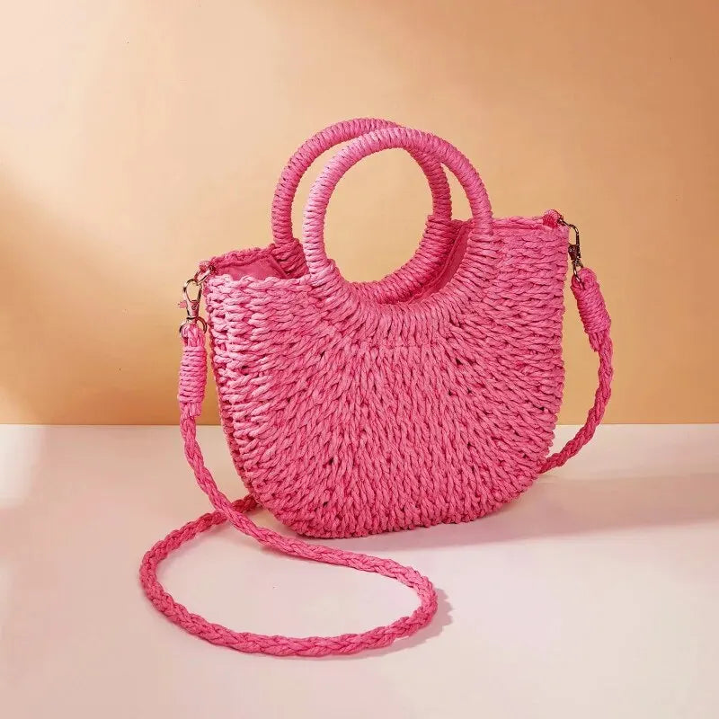 Women’s Woven Straw Rattan Half Moon Beach Tote Bag