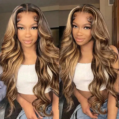 Women's 30 Inch Honey Blonde Highlight Body Wave Human Hair Lace Front Wig