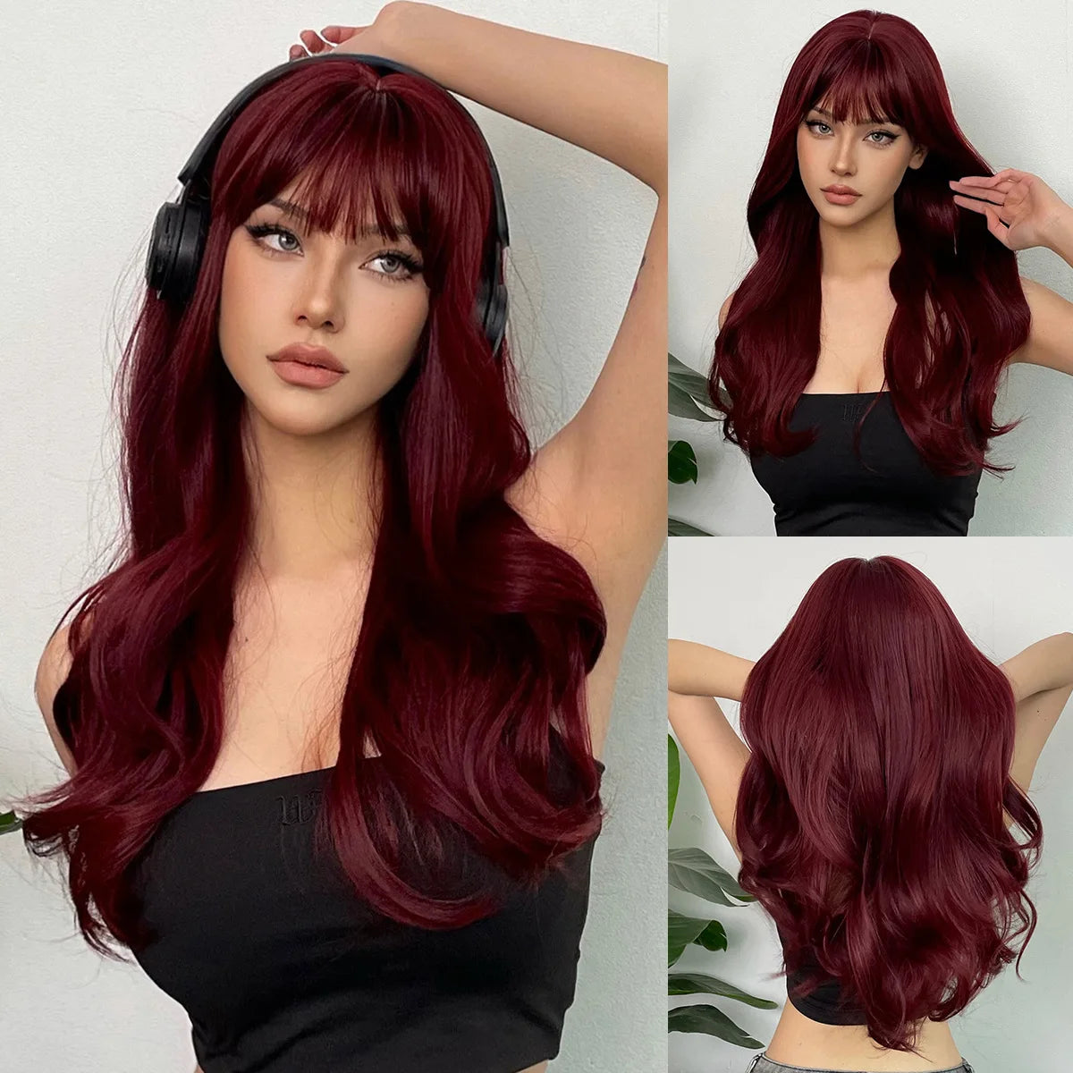Wine Red Long Curly Wig with Bangs