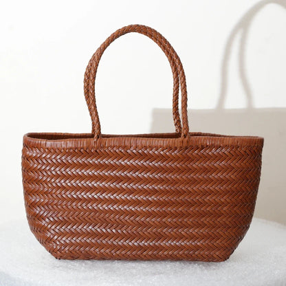 Genuine Leather Woven Shoulder Tote Bag for Women