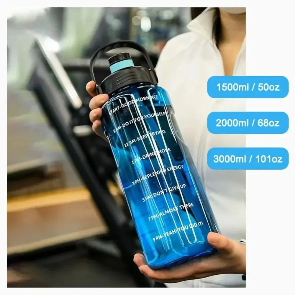 1.5L to 3L Large Capacity Sports Water Bottle with Straw and Time Marker