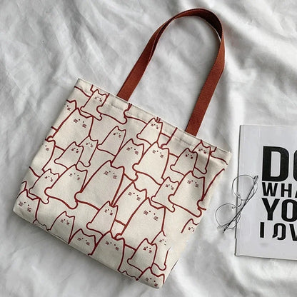 Cute Cat Graphic Canvas Tote Bag for Women & Girls