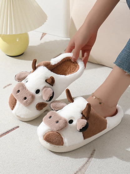 Unisex Cartoon Cow Warm Plush Indoor Slippers