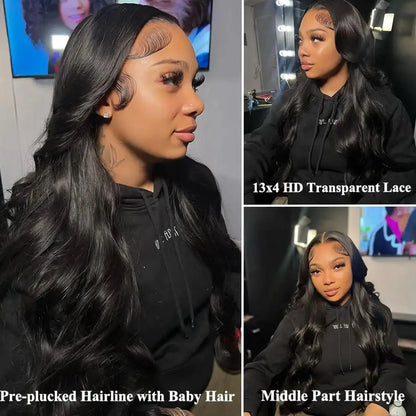 Natural Black Body Wave HD Lace Front Human Hair Wig 180% Density