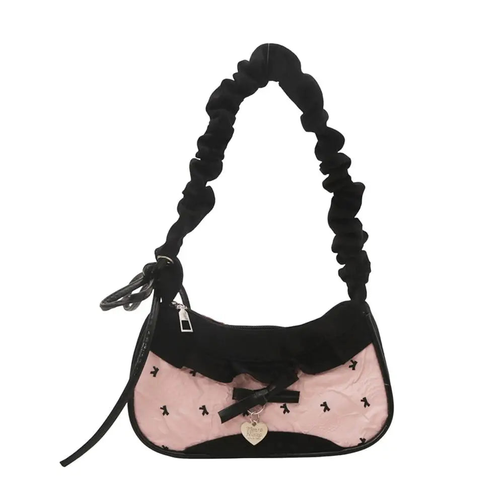 Women’s Grid Lace Ribbon Shoulder Bag Stretchable Strap Handbag