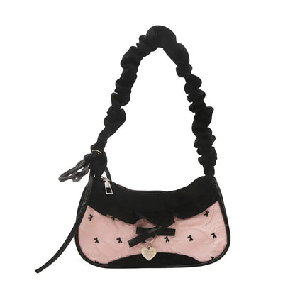Women’s Grid Lace Ribbon Shoulder Bag Stretchable Strap Handbag