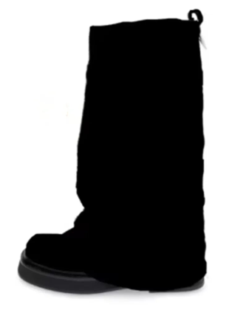 Women's Thick Sole Square Toe Pleated Knee High Boots