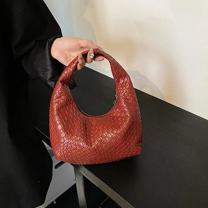 Women’s Woven Embossed PU Leather Hobo Shoulder Bag with Top Handle