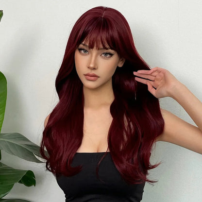 Wine Red Long Curly Wig with Bangs