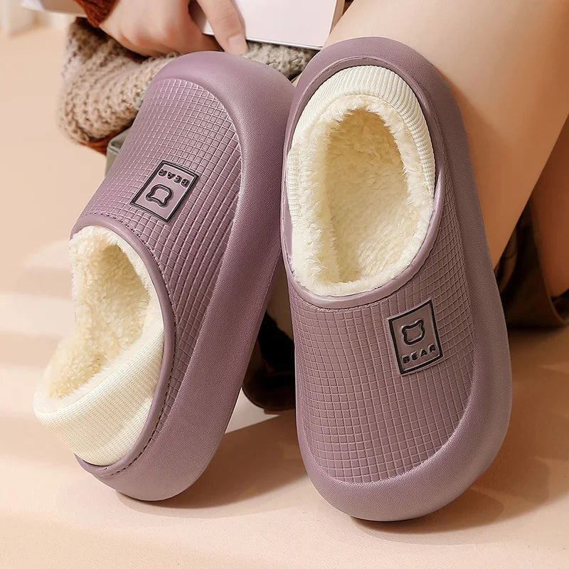 Cute Bear Plush Winter Slippers for Men & Women Waterproof Non Slip Shoes