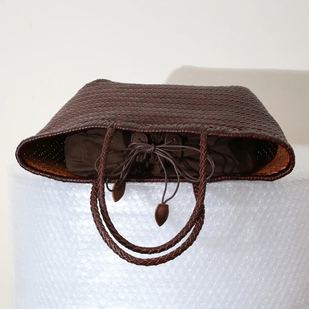 Genuine Leather Woven Shoulder Tote Bag for Women