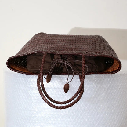 Genuine Leather Woven Shoulder Tote Bag for Women