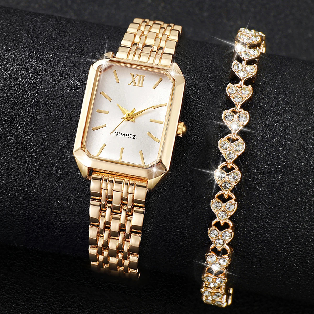 2PCS Women’s Rectangle Quartz Watch & Rhinestone Bracelet Set