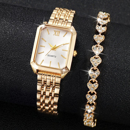 2PCS Women’s Rectangle Quartz Watch & Rhinestone Bracelet Set