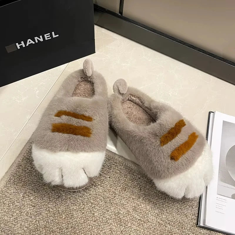 Cute Kitty Claw Furry Slippers for Women Warm Non Slip Home Shoes