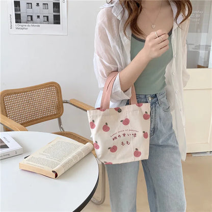 Small Canvas Peach Lunch Tote Bag for Women & Girls