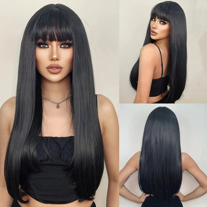 Women's Wine Red Long Curly Synthetic Wig with Bangs