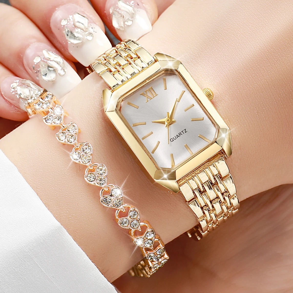 2PCS Women’s Rectangle Quartz Watch & Rhinestone Bracelet Set