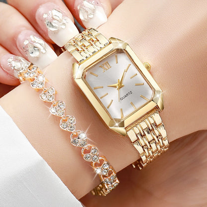 2PCS Women’s Rectangle Quartz Watch & Rhinestone Bracelet Set
